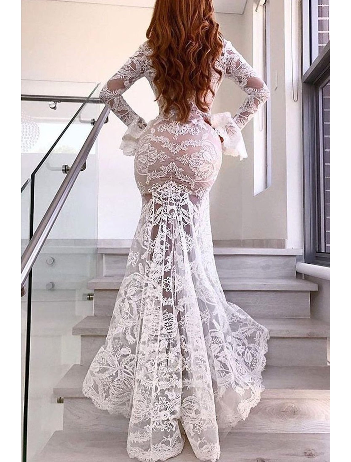 Trumpet/Mermaid V-Neck Floor-Length Lace Wedding Dress Sexy