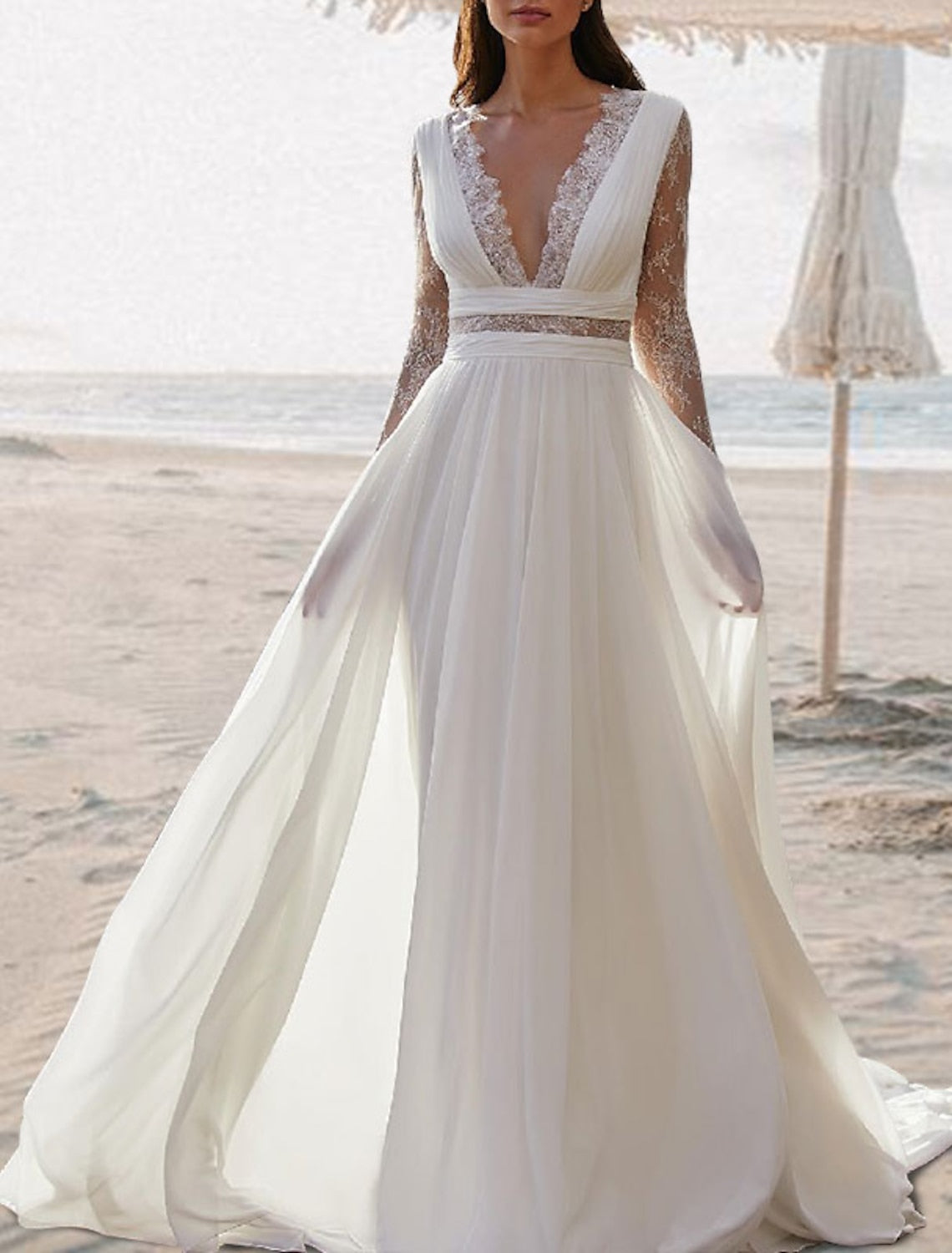 A-Line/Princess V-Neck Floor-Length Lace Wedding Dress Sexy