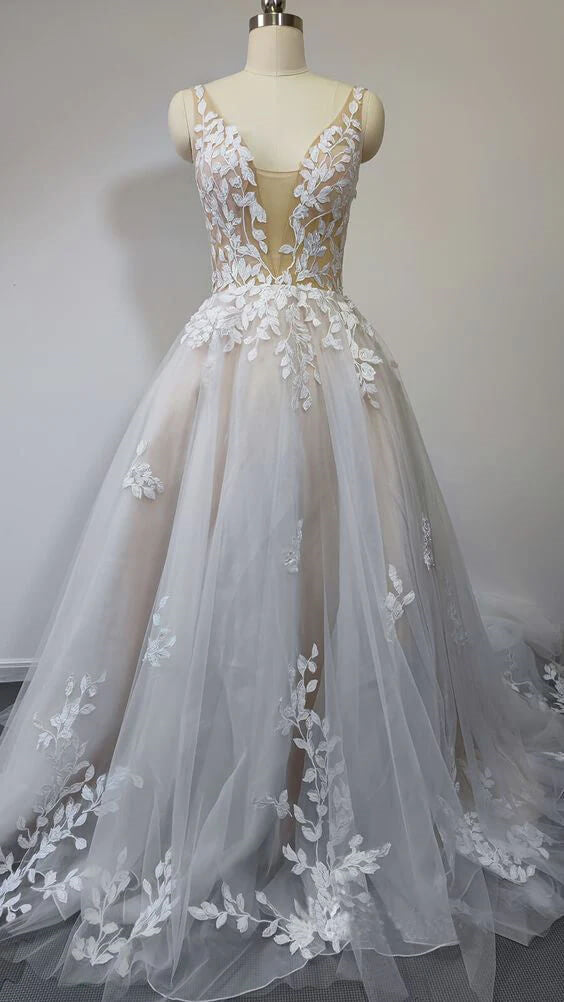Charming A-Line/Princess V-Neck Floor Length Lace Wedding Dress Sexy Bridal Gown
