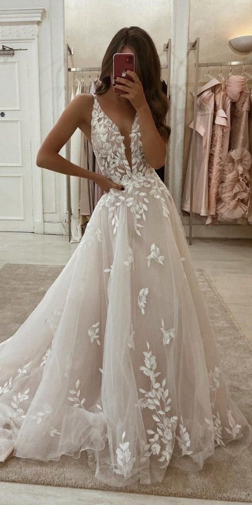 Charming A-Line/Princess V-Neck Floor Length Lace Wedding Dress Sexy Bridal Gown