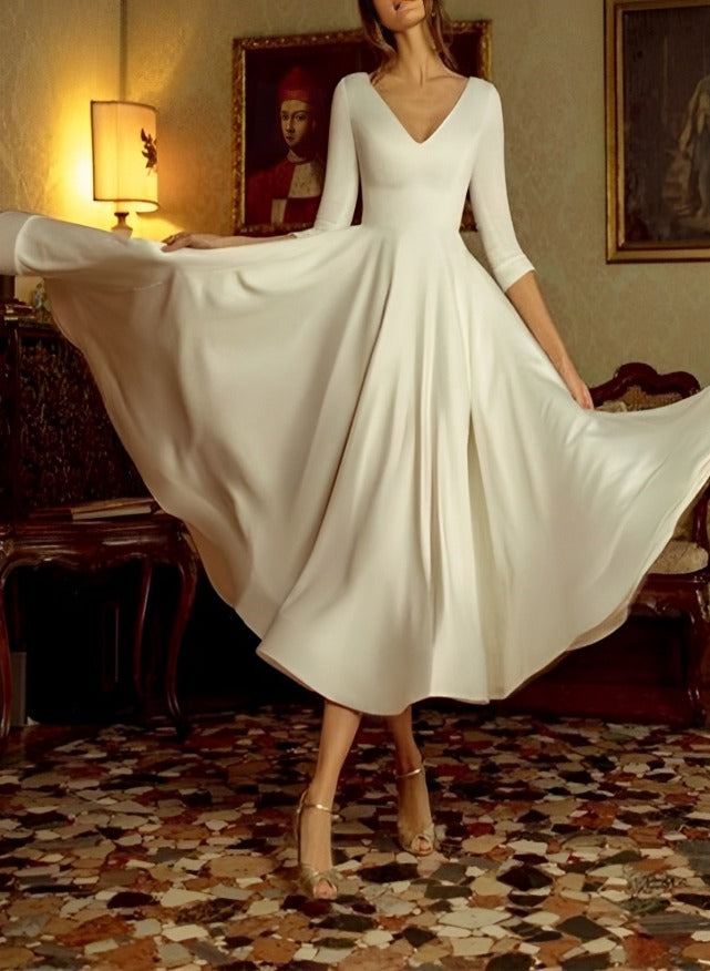 A-Line/Princess V-Neck Tea-Length Wedding Dress Pure Color