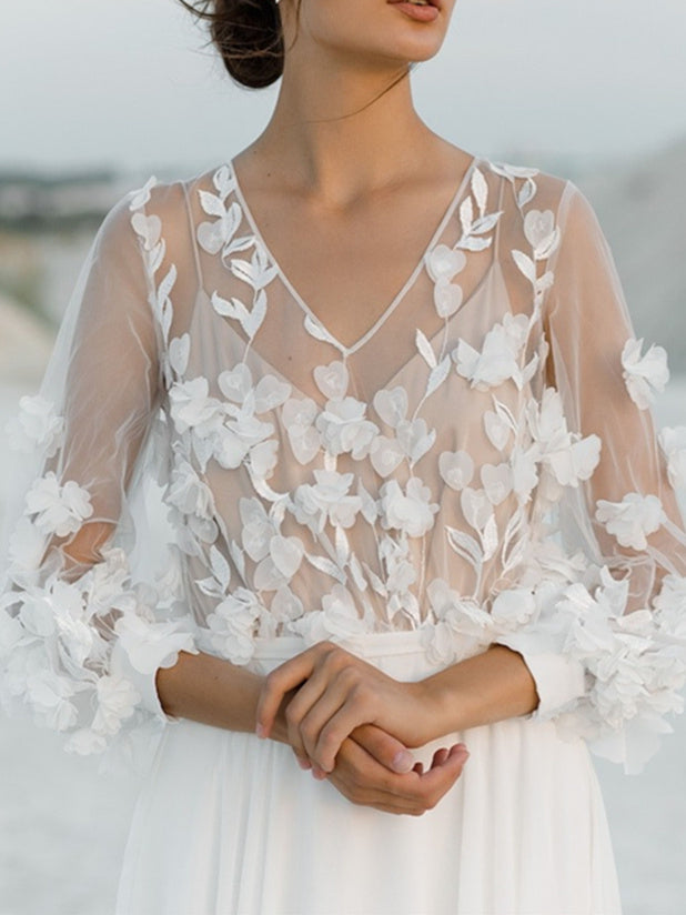 A-Line/Princess V-Neck Floor-Length Wedding Dress With Appliques Beautiful