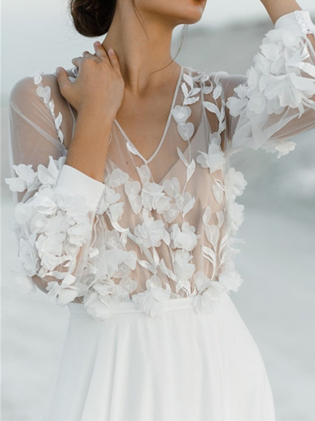A-Line/Princess V-Neck Floor-Length Wedding Dress With Appliques Beautiful