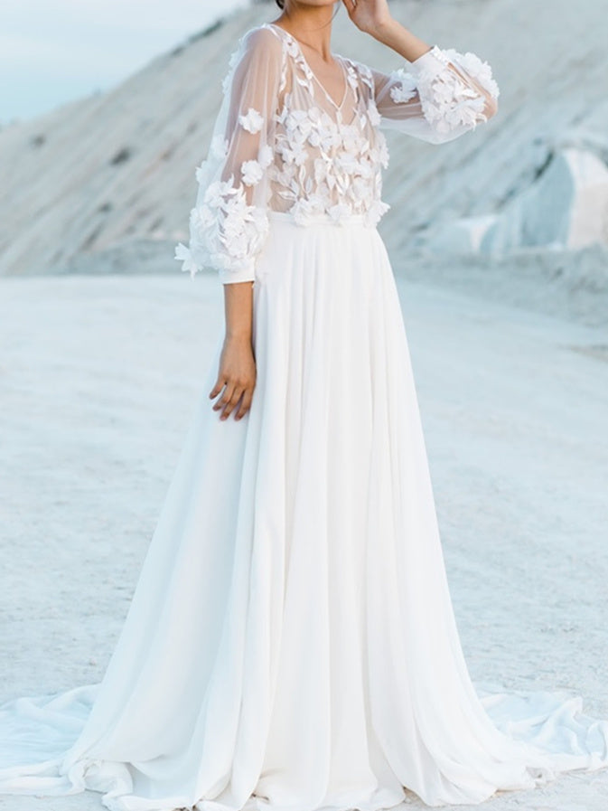 A-Line/Princess V-Neck Floor-Length Wedding Dress With Appliques Beautiful