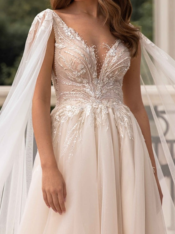 A-Line/Princess V-Neck Floor-Length Wedding Dress With Split Side Sexy