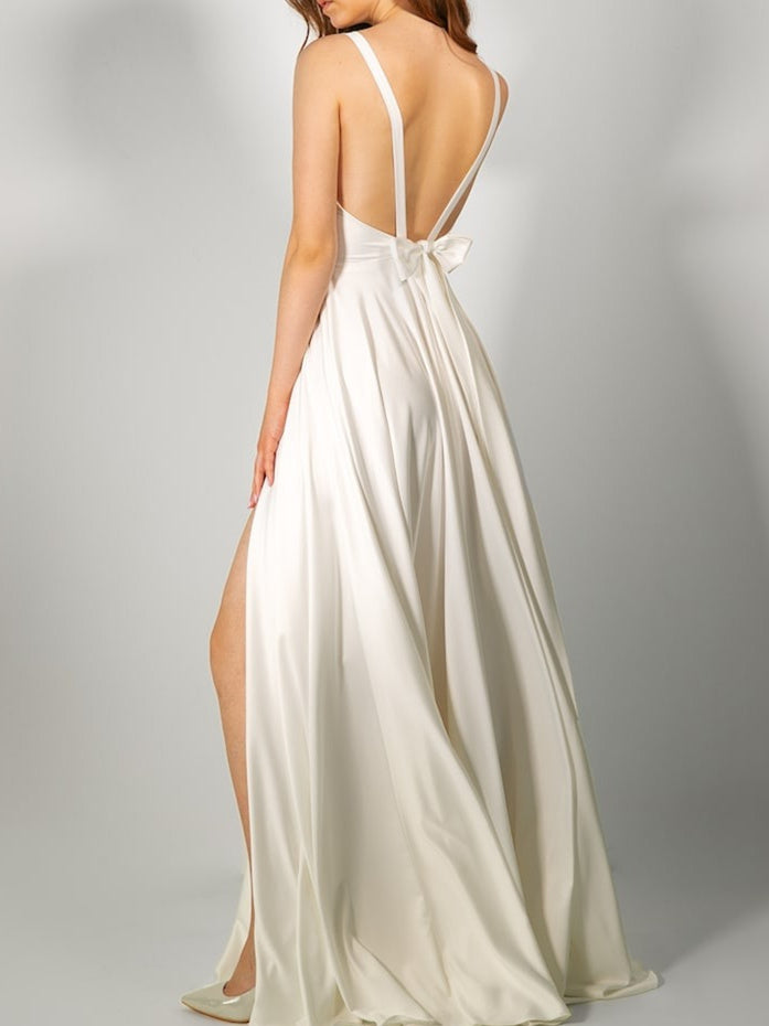 A-Line/Princess V Neck Floor-Length Wedding Dress With Bow & Split Side Sexy
