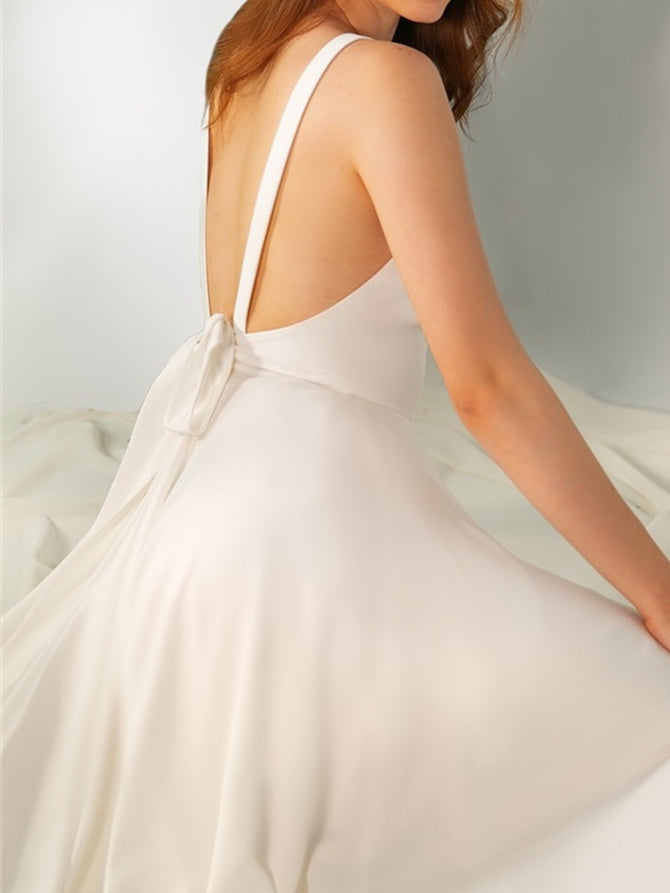A-Line/Princess V Neck Floor-Length Wedding Dress With Bow & Split Side Sexy