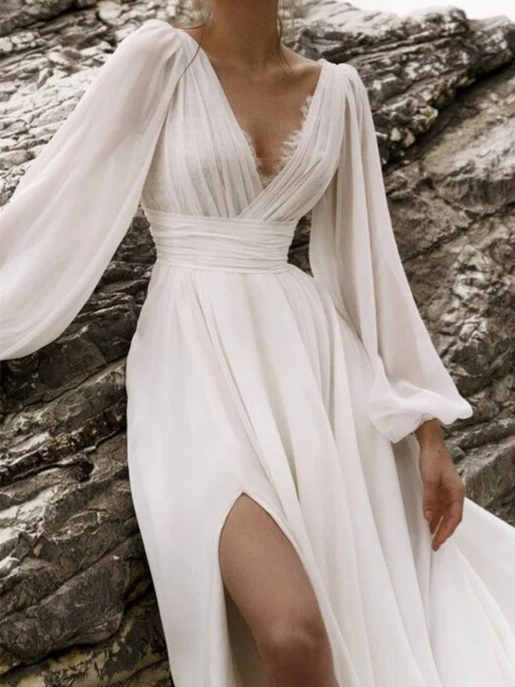 A-Line/Princess V-Neck Floor-Length Wedding Dress With Split Side Sexy