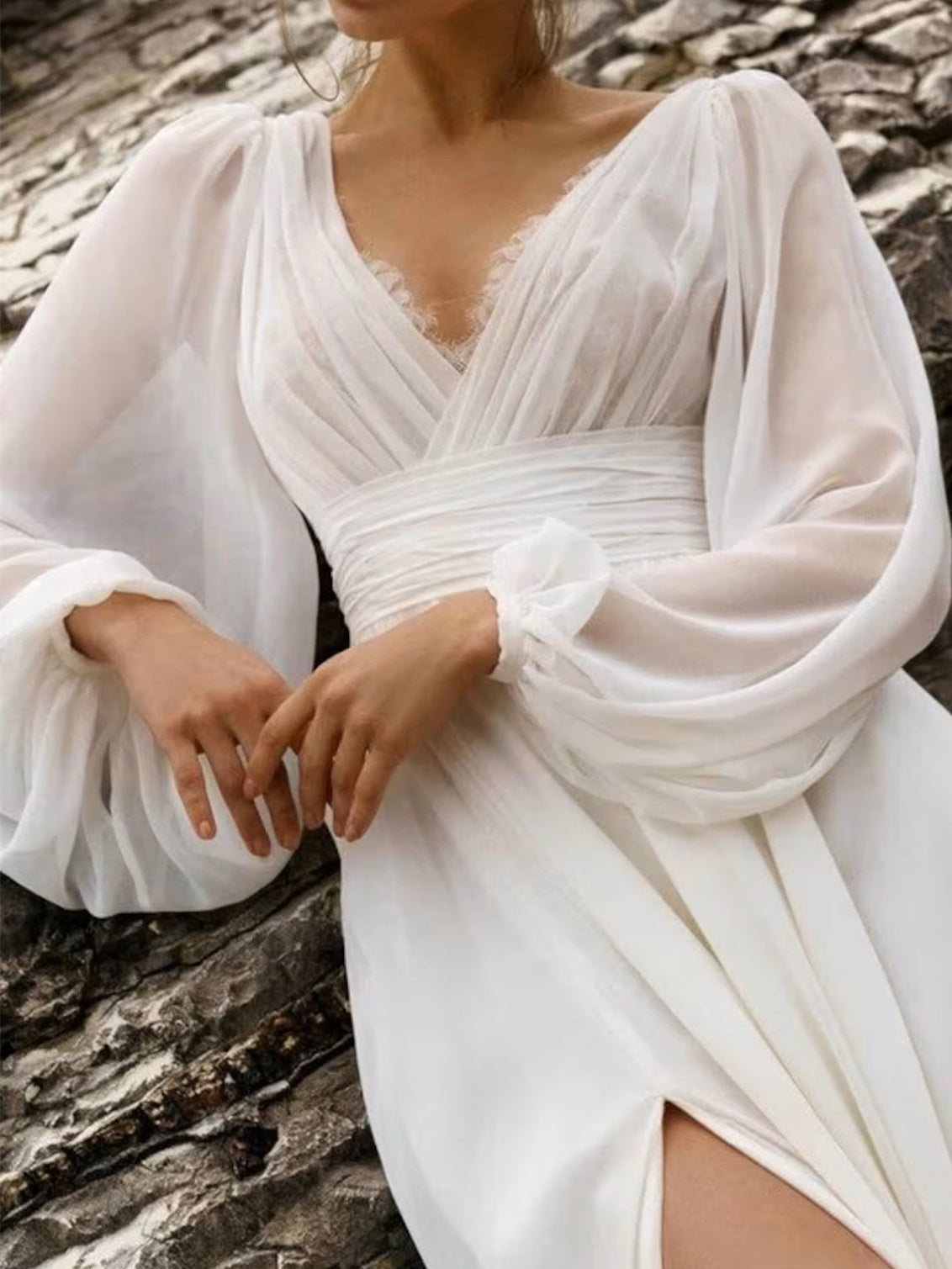 A-Line/Princess V-Neck Floor-Length Wedding Dress With Split Side Sexy