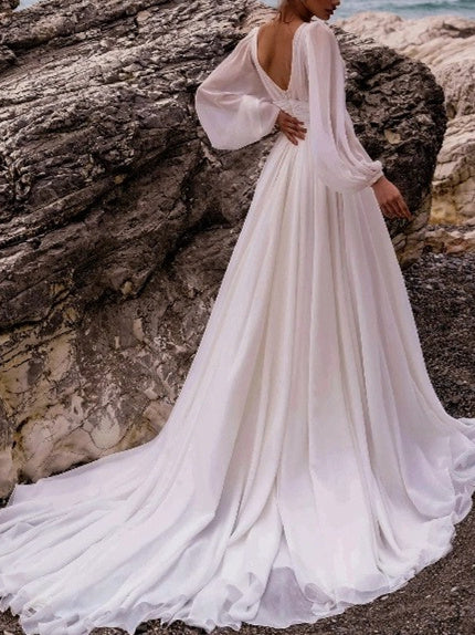 A-Line/Princess V-Neck Floor-Length Wedding Dress With Split Side Sexy