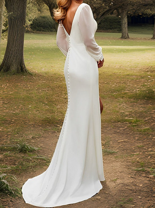 Sheath/Column V-Neck Chiffon Wedding Dress With Split Open Back