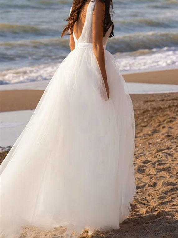 A-Line/Princess Sleeveless Deep V-Neck Floor-Length Tulle Wedding Dress Sexy