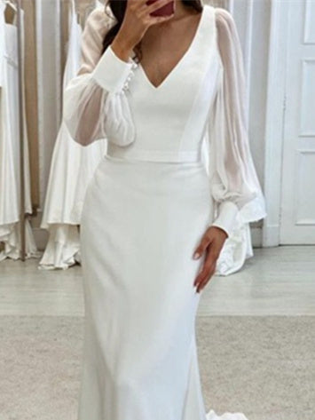 Trumpet/Mermaid V-Neck Floor-Length Long Sleeves Wedding Dress Ivory