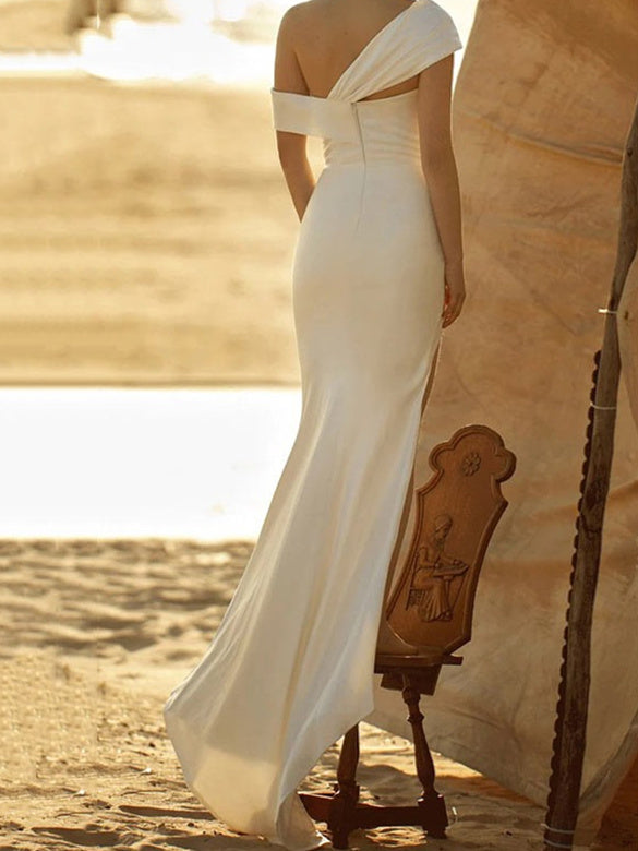 Sheath/Column One-Shoulder Silk Satin Wedding Dress With Split Sexy