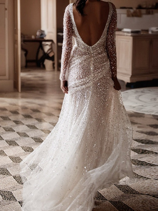 Sheath/Column V-Neck Floor-Length Sequins Wedding Dress With Split Sparkly