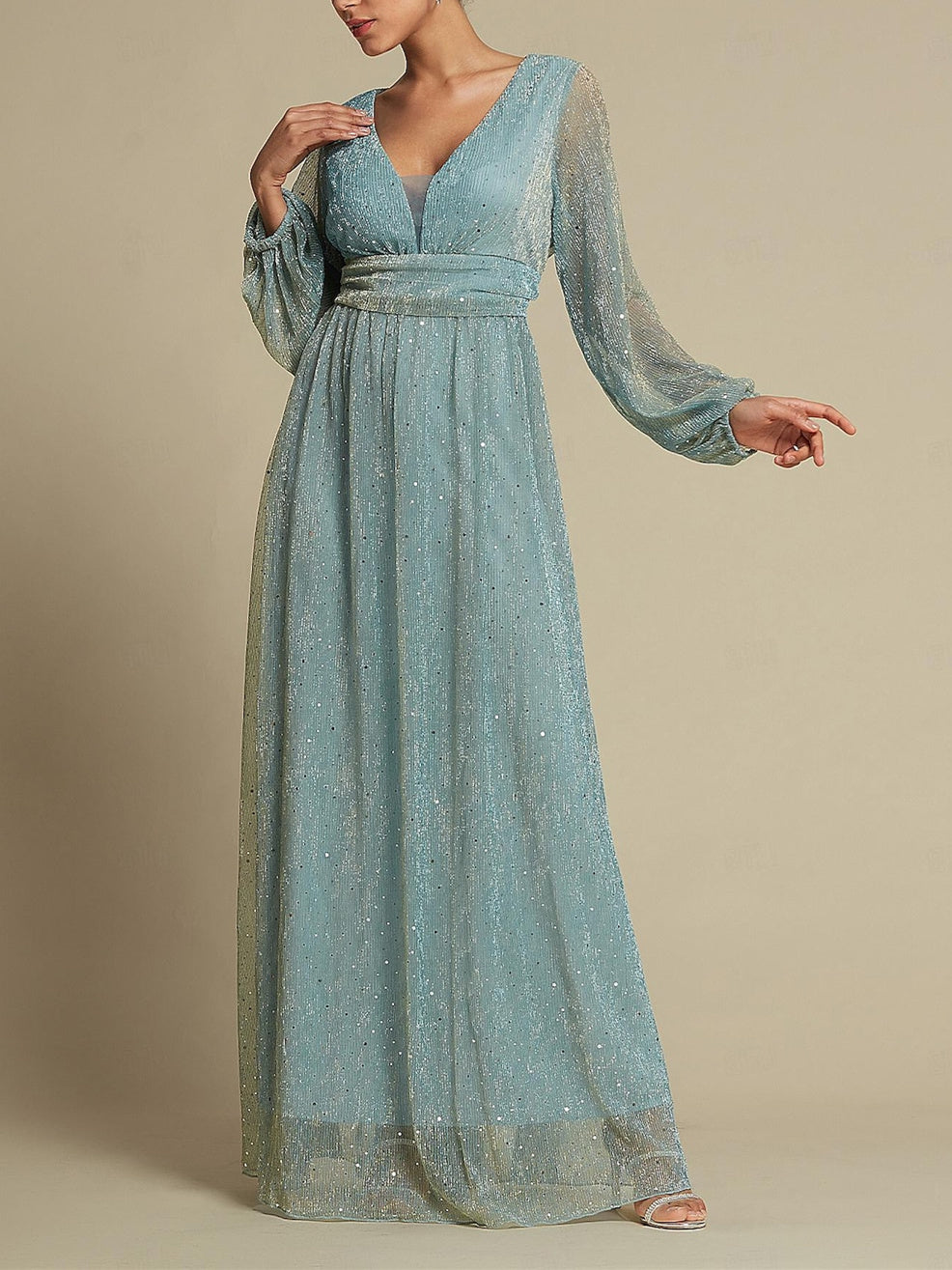 A-Line/Princess V Neck Floor-Length Long Sleeves Party Dresses Wedding Guest Dress Sparkly