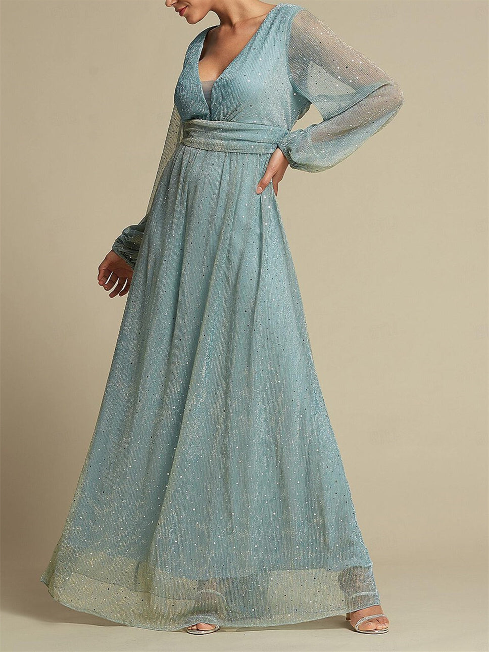 A-Line/Princess V Neck Floor-Length Long Sleeves Party Dresses Wedding Guest Dress Sparkly