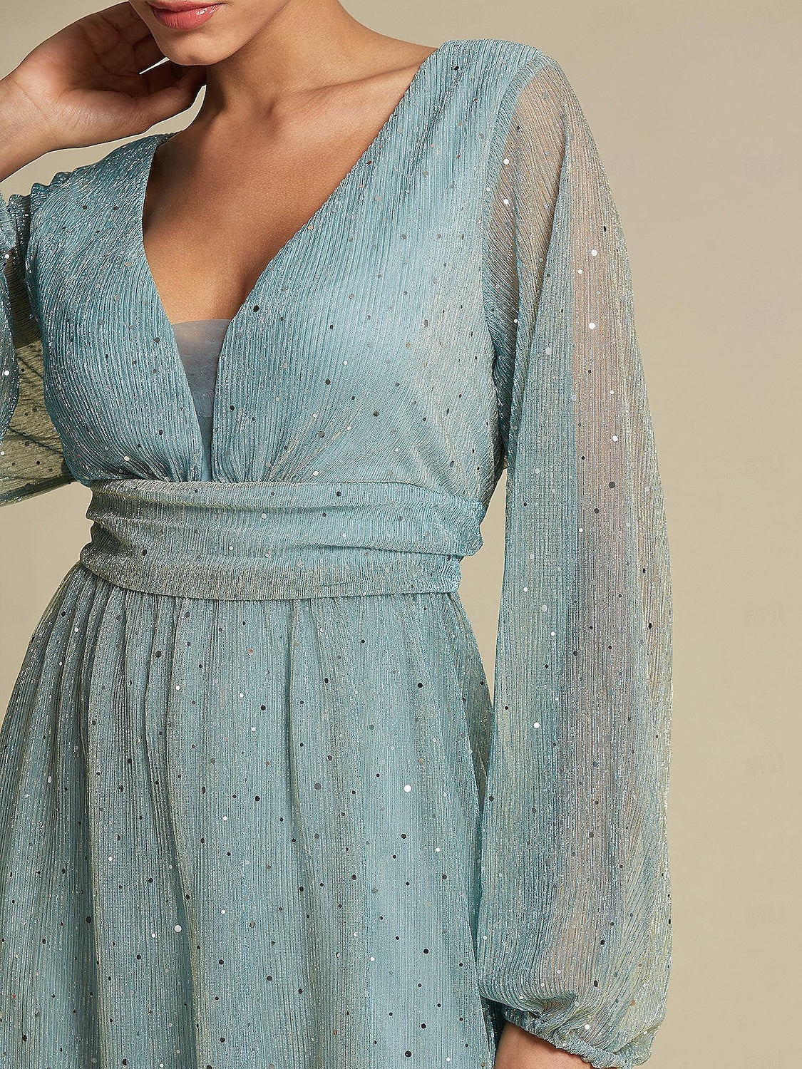 A-Line/Princess V Neck Floor-Length Long Sleeves Party Dresses Wedding Guest Dress Sparkly