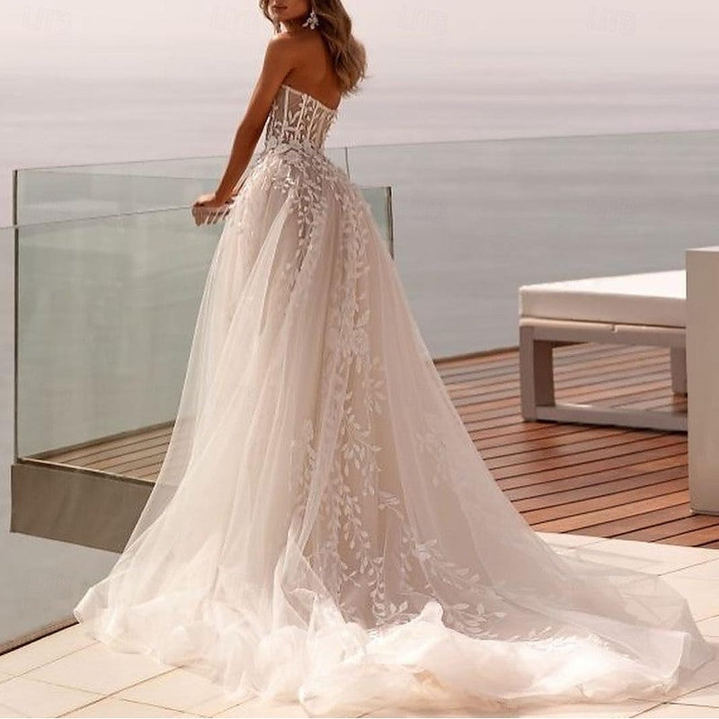 A-Line/Princess Sweetheart Sweep / Brush Train Wedding Dress For Beach Wedding Off Shoulder