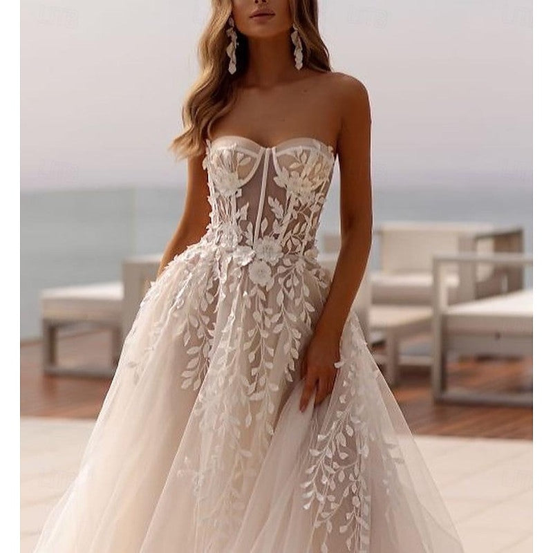 A-Line/Princess Sweetheart Sweep / Brush Train Wedding Dress For Beach Wedding Off Shoulder