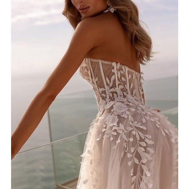 A-Line/Princess Sweetheart Sweep / Brush Train Wedding Dress For Beach Wedding Off Shoulder