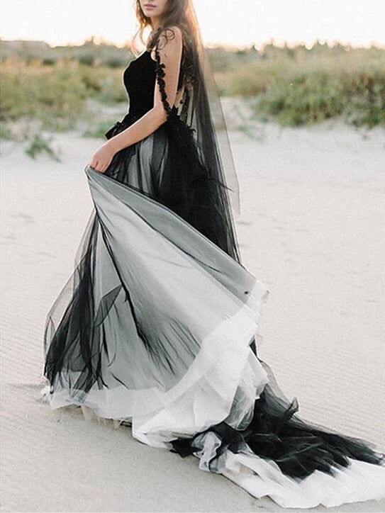 A-Line/Princess Beach Wedding Dress Square Neck Spaghetti Strap Sleeveless With Appliques Black