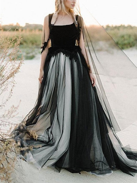 A-Line/Princess Beach Wedding Dress Square Neck Spaghetti Strap Sleeveless With Appliques Black