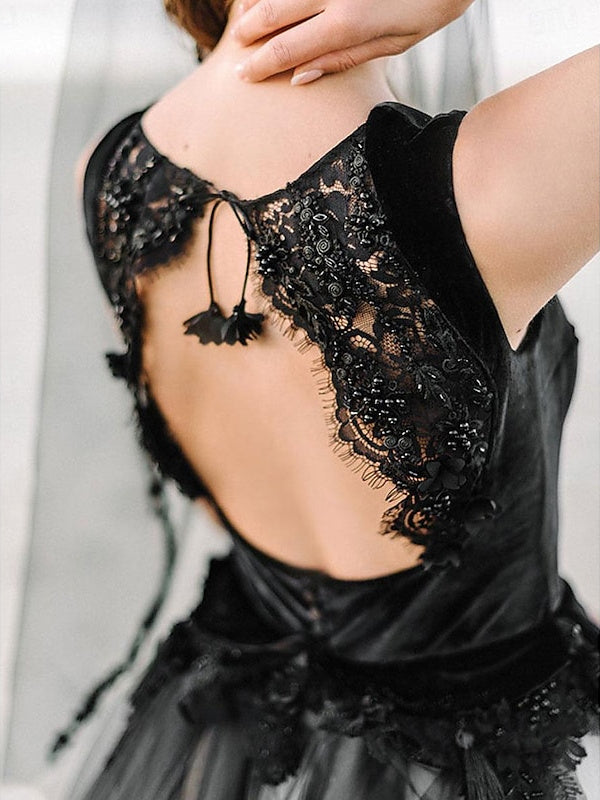 A-Line/Princess Beach Wedding Dress Square Neck Spaghetti Strap Sleeveless With Appliques Black