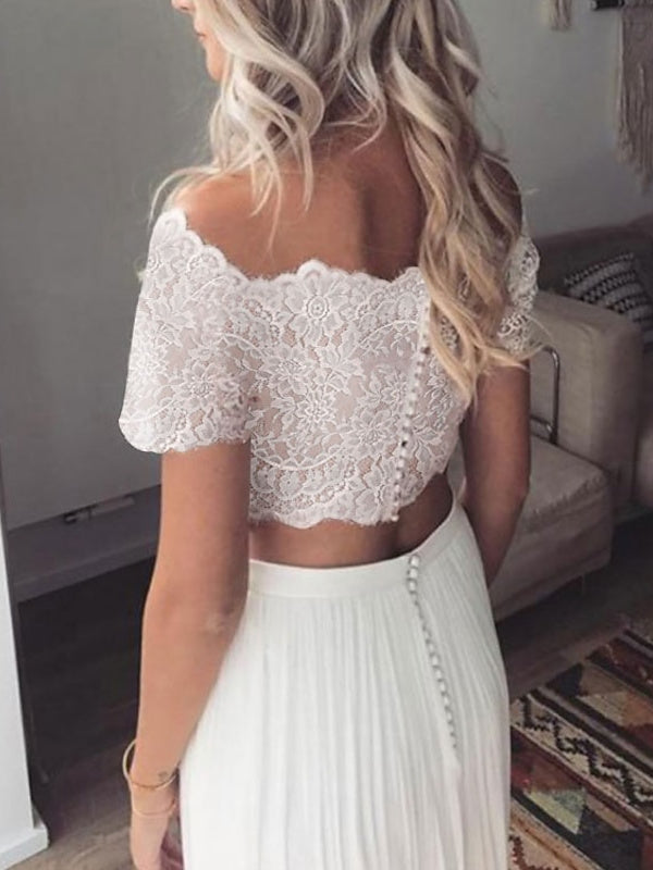 A-Line/Princess Beach Wedding Dress Off-The-Shoulder Short Sleeves With Pleats Ivory