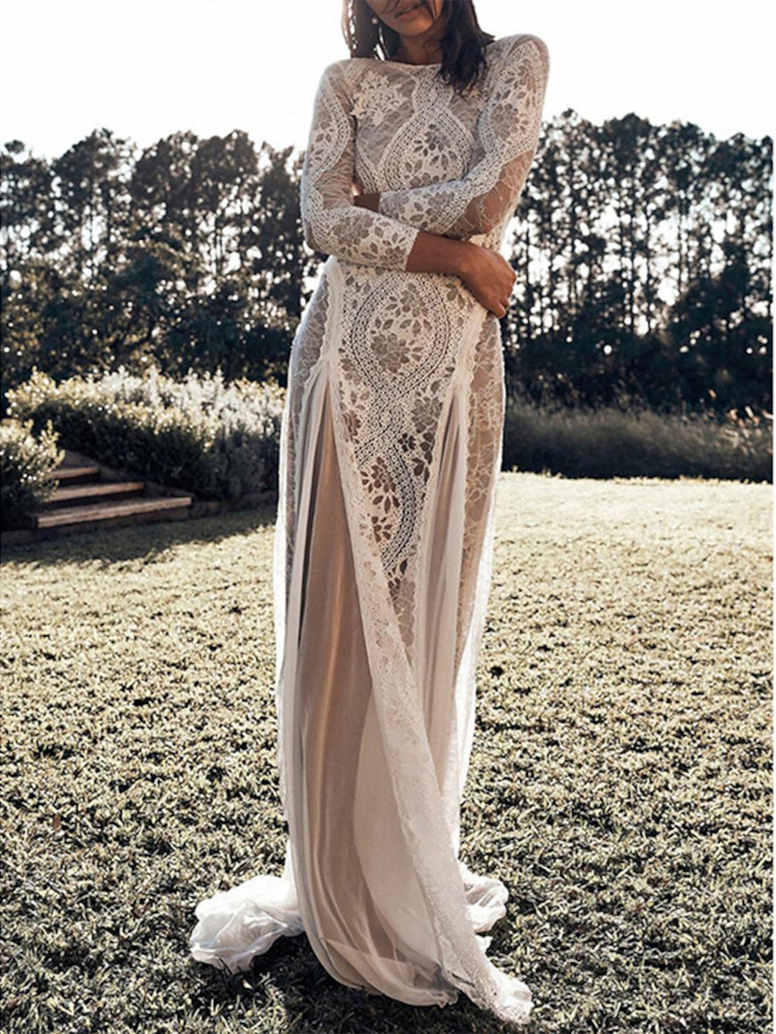 Sheath / Column Beach Wedding Dress 3/4 Length Sleeves With Appliques Sexy