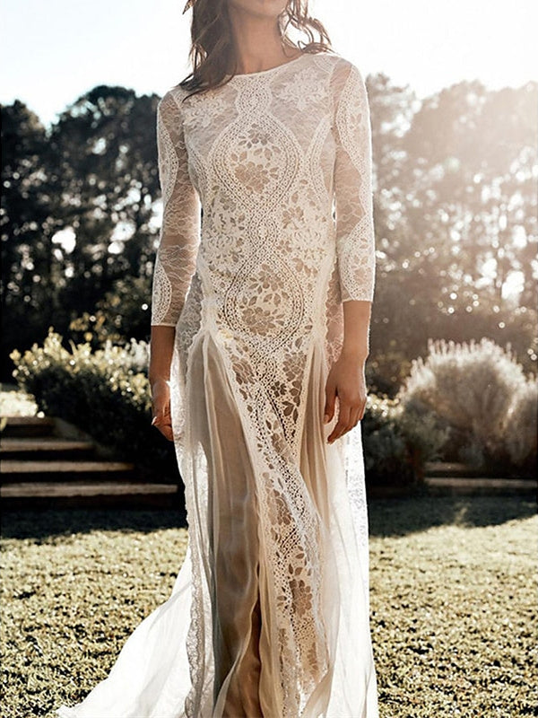 Sheath / Column Beach Wedding Dress 3/4 Length Sleeves With Appliques Sexy