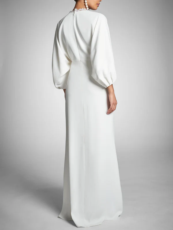 Sheath/Column Long Sleeves Plunging V Neck Floor-Length Wedding Dresses White