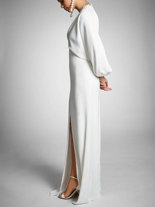 Sheath/Column Long Sleeves Plunging V Neck Floor-Length Wedding Dresses White