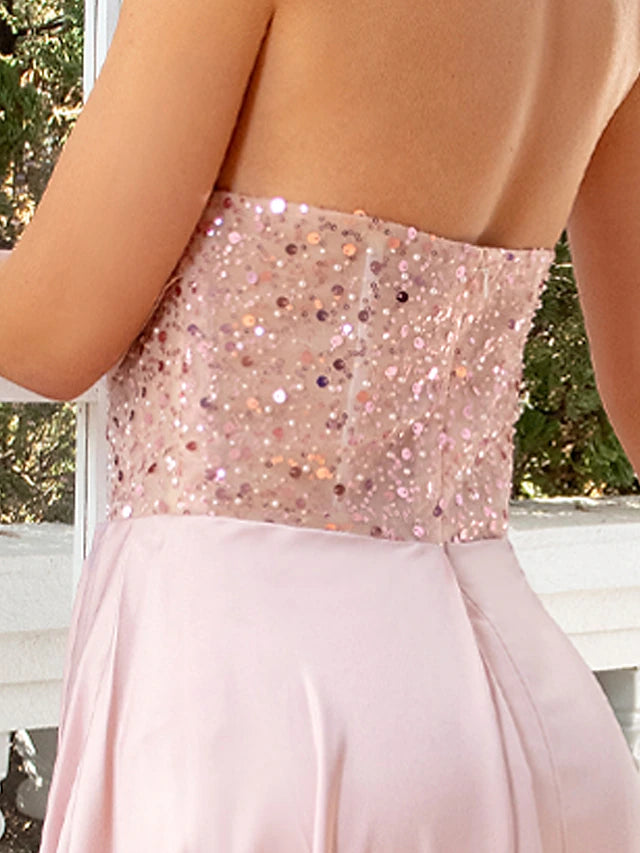 Sheath / Column Evening Gown Sexy Dress Wedding Party Court Train Sleeveless Sweetheart Satin with Ruched Pearls