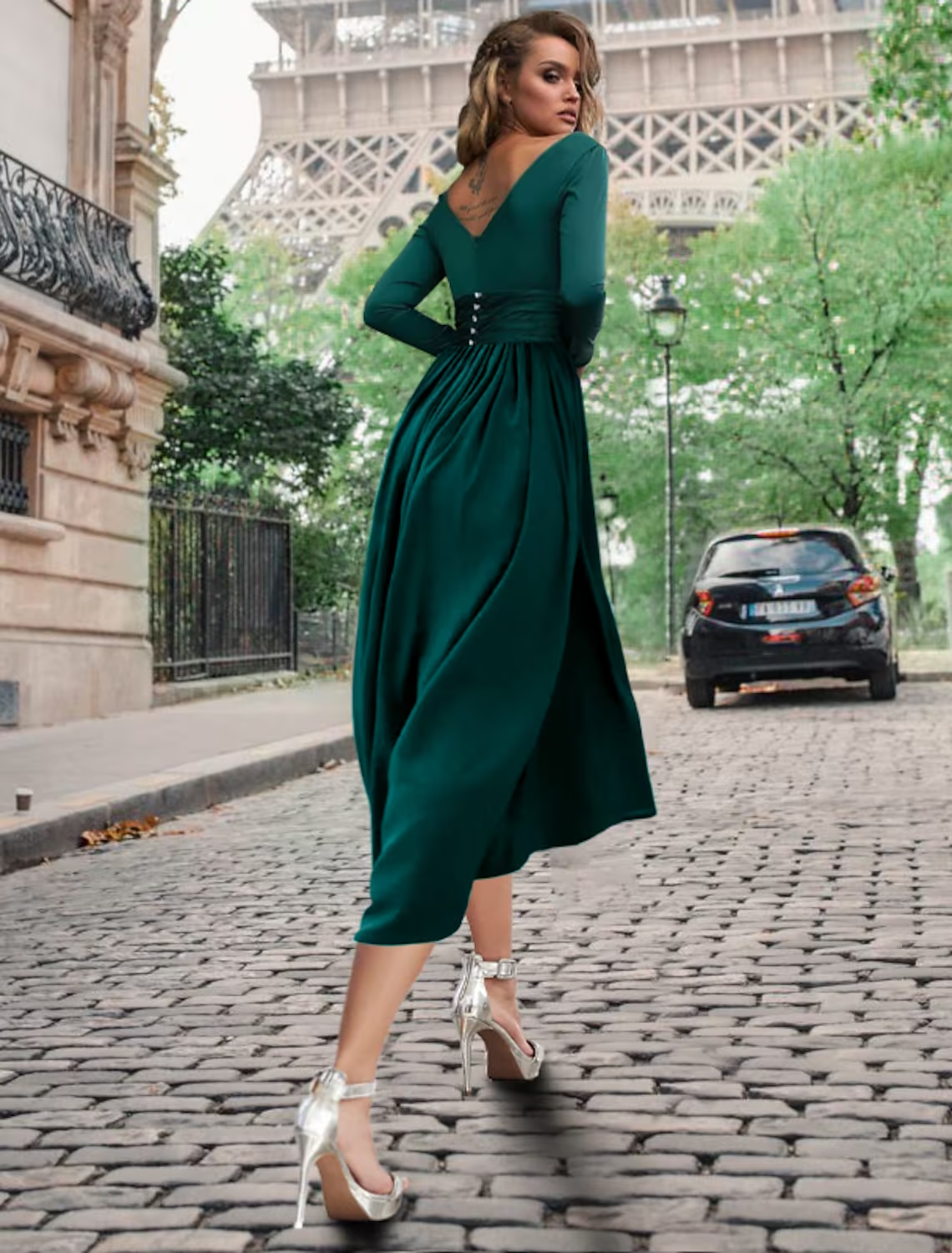 A-Line Cocktail Dresses Empire Dress Formal Tea Length Long Sleeve Cowl Neck Party Dress with Slit