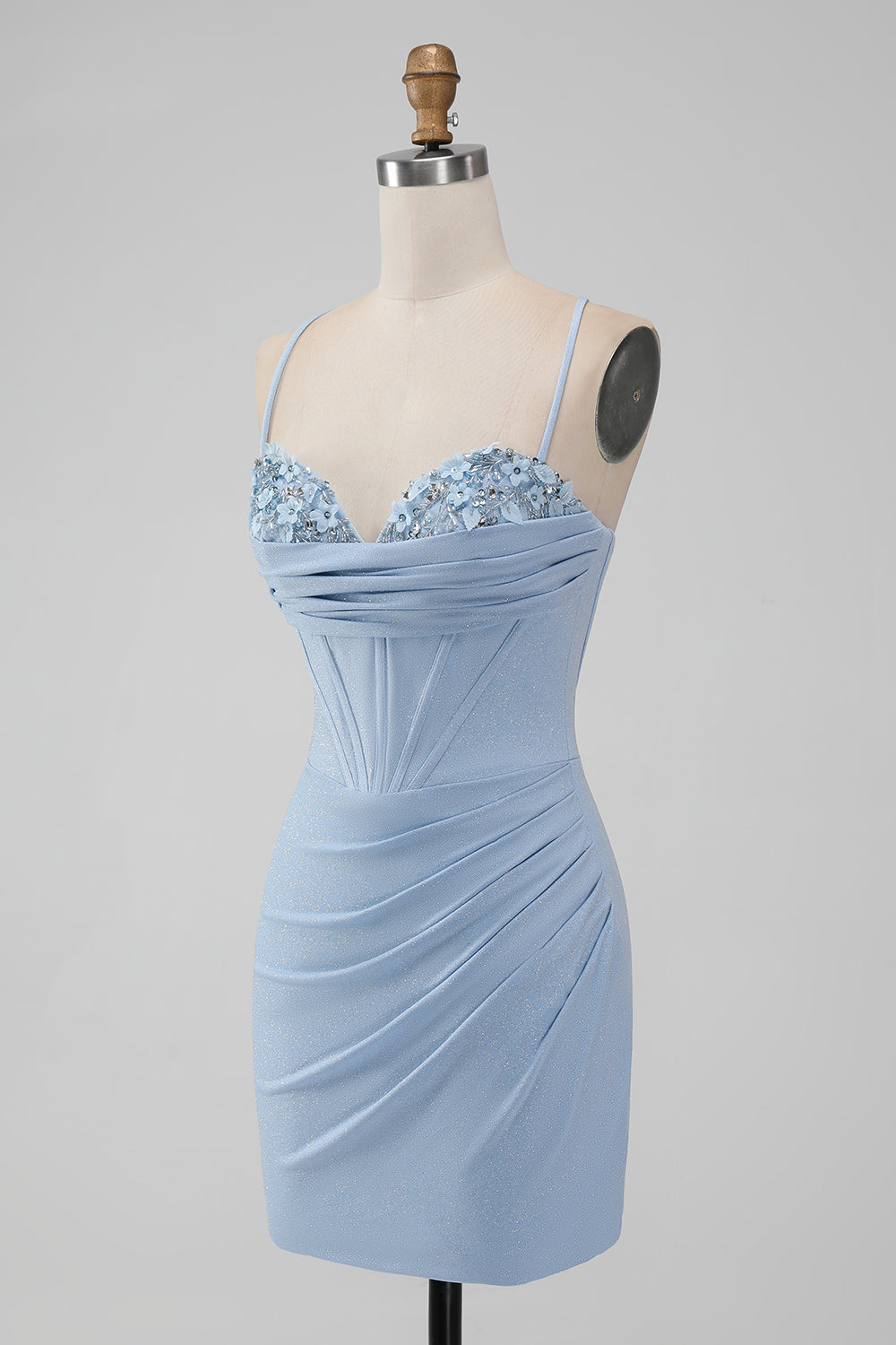 Light Blue Bodycon Spaghetti Straps Corset Short Homecoming Dress With Flowers