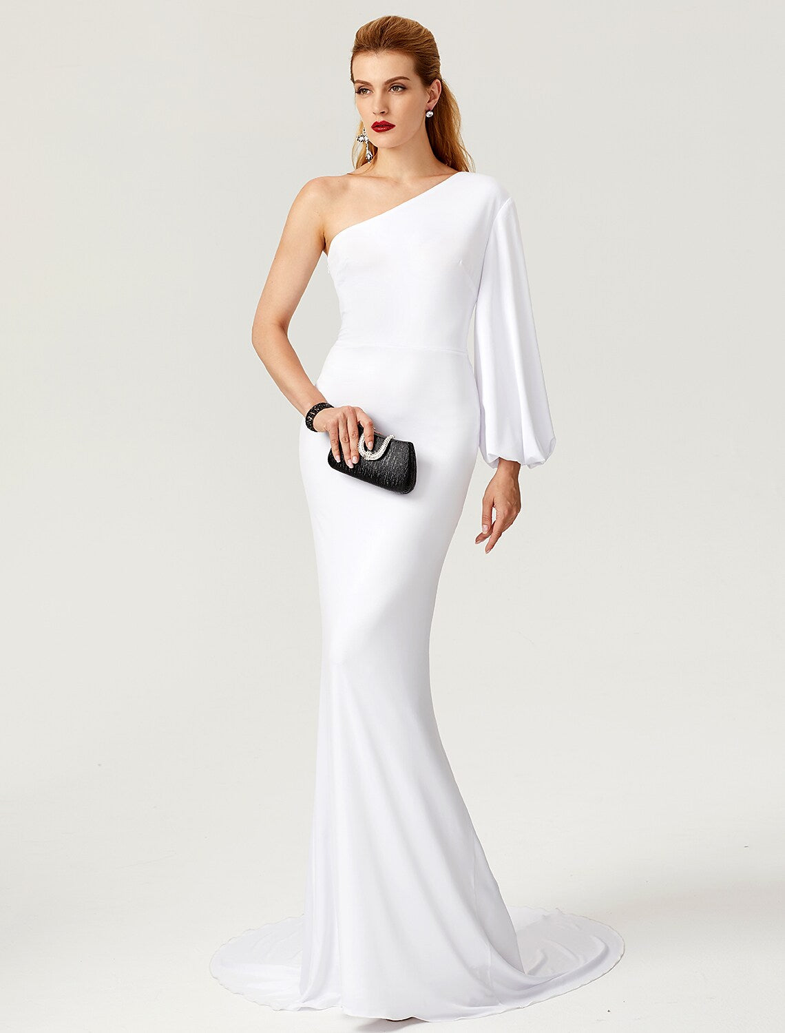 Mermaid / Trumpet Celebrity Style Dress Engagement Court Train Long Sleeve One Shoulder Jersey