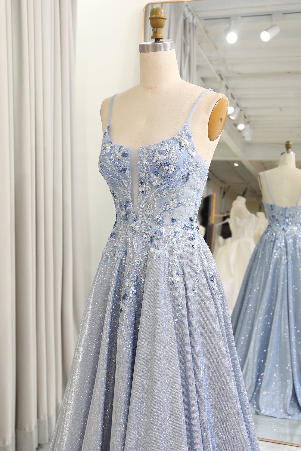 Glitter Grey Blue A-Line Spaghetti Straps Long Prom Dress With Appliques Sparkly Evening Dresses