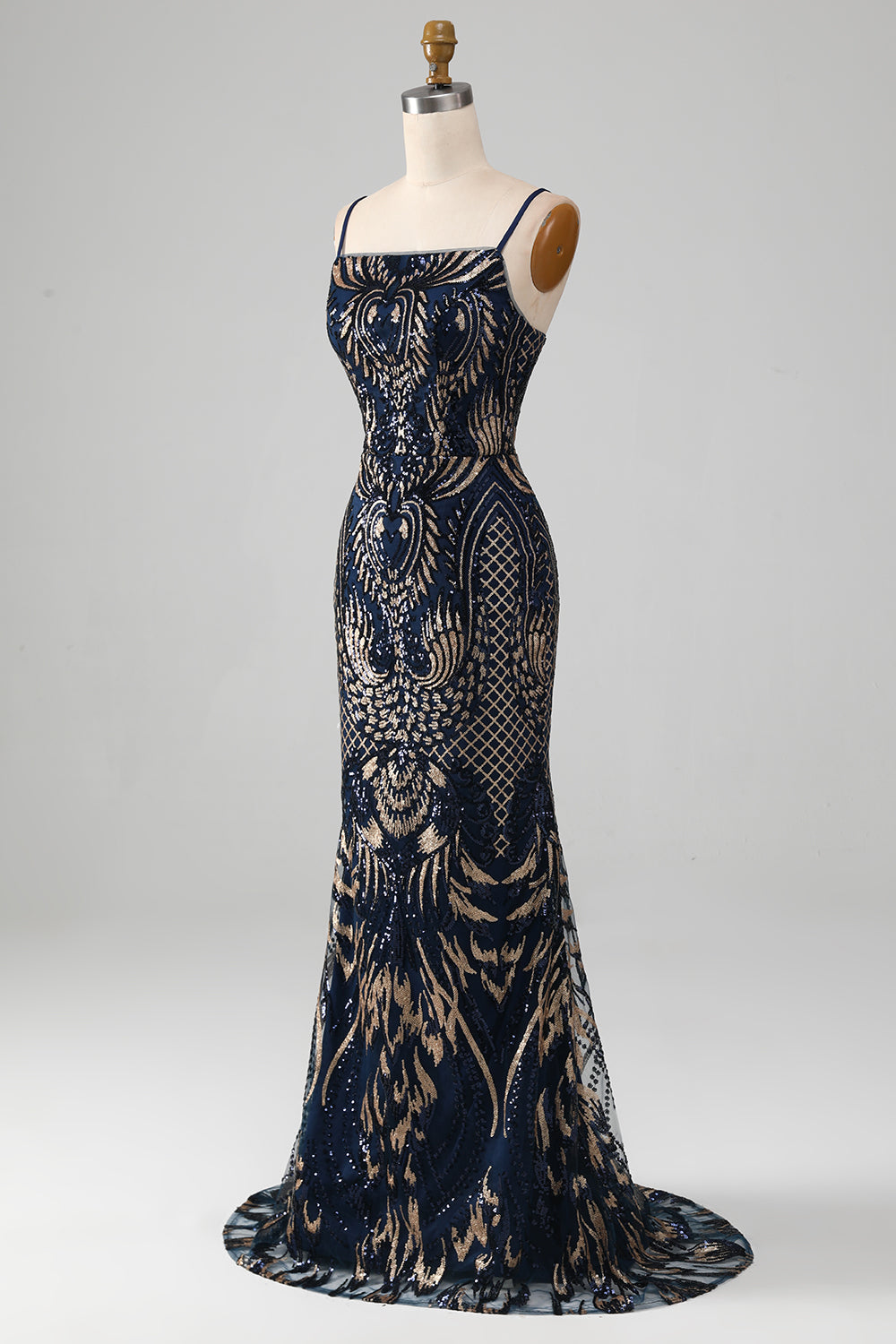Navy Mermaid Spaghetti Straps Sparkly Sequin Prom Dress Sexy Evening Dresses