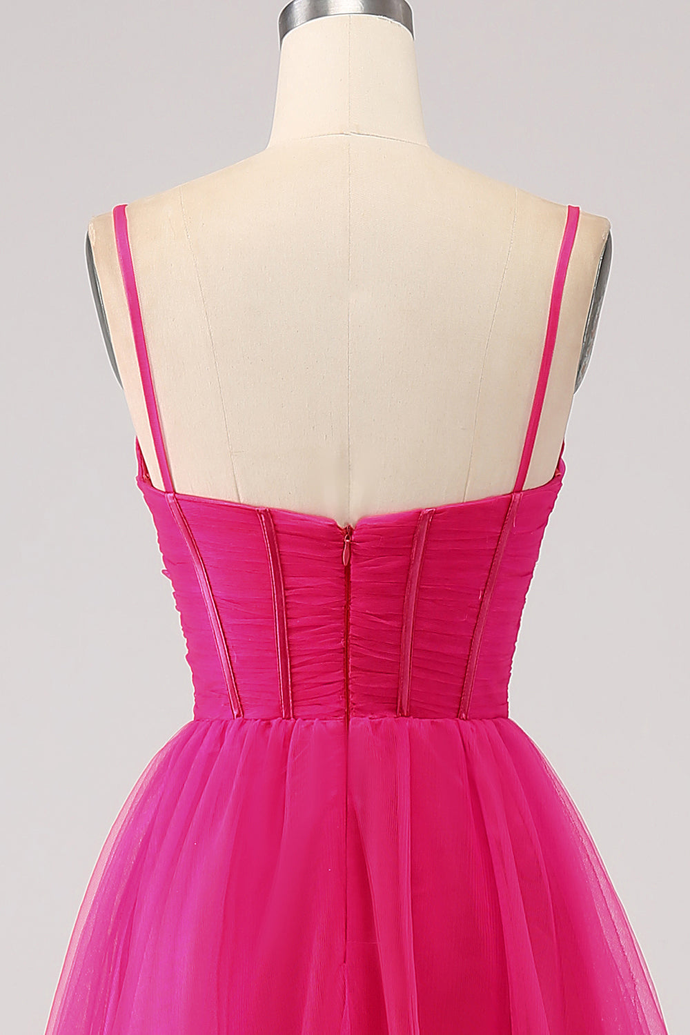 A-Line Spaghetti Straps Long Corset Fuchsia Prom Dress with Slit Pure Color