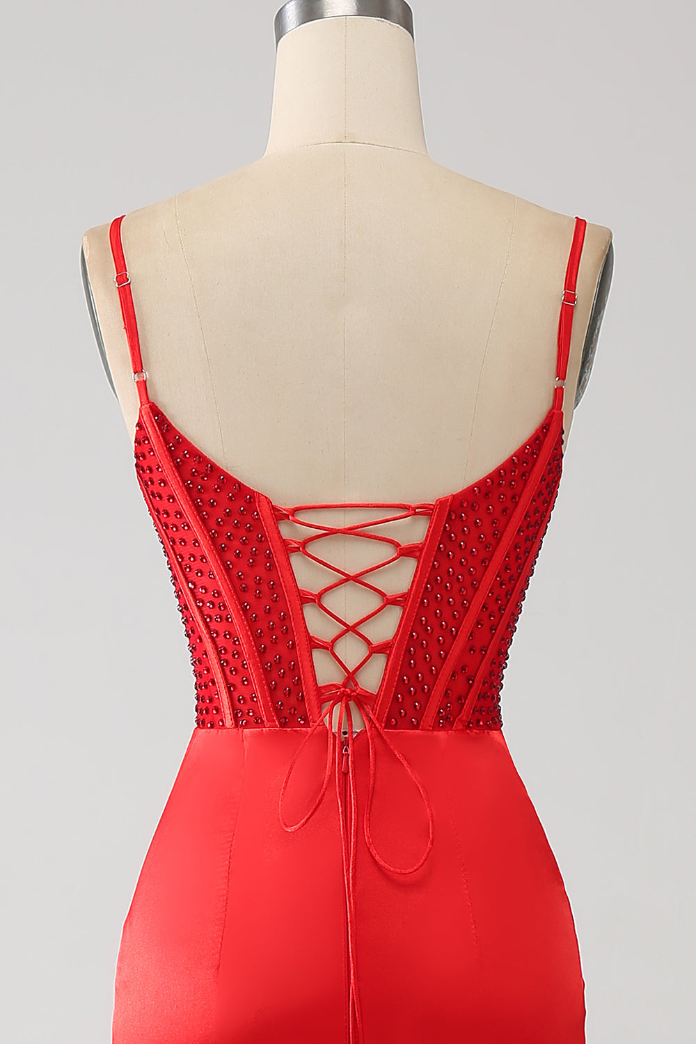 Red Mermaid Spaghetti Straps Satin Beaded Prom Dress with Slit Sexy Evening Dresses