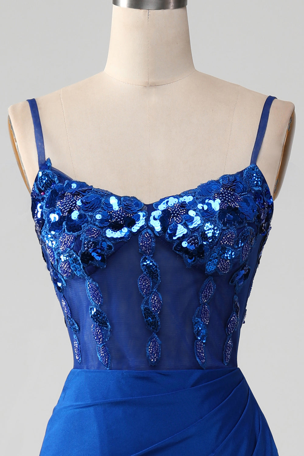 Royal Blue Mermaid Spaghetti Straps Beaded Corset Prom Dress with Slit Sexy Evening Dresses