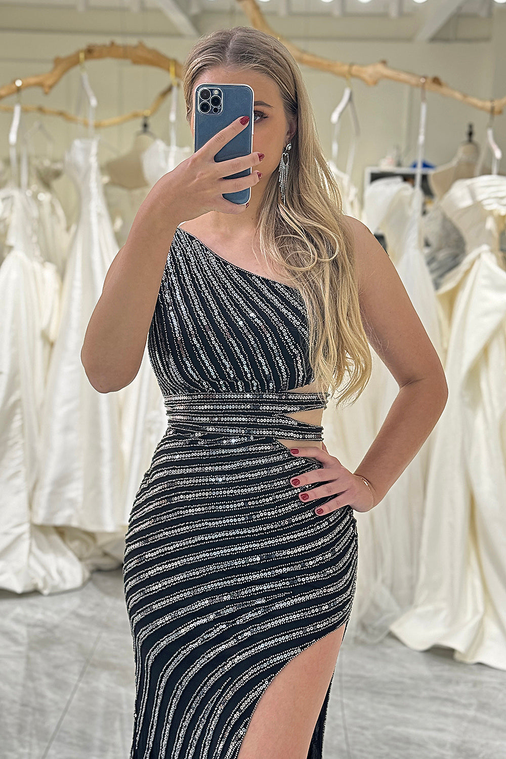 Black Sheath One Shoulder Sequins Cut Out Prom Dress with Split Front Sexy Evening Dresses
