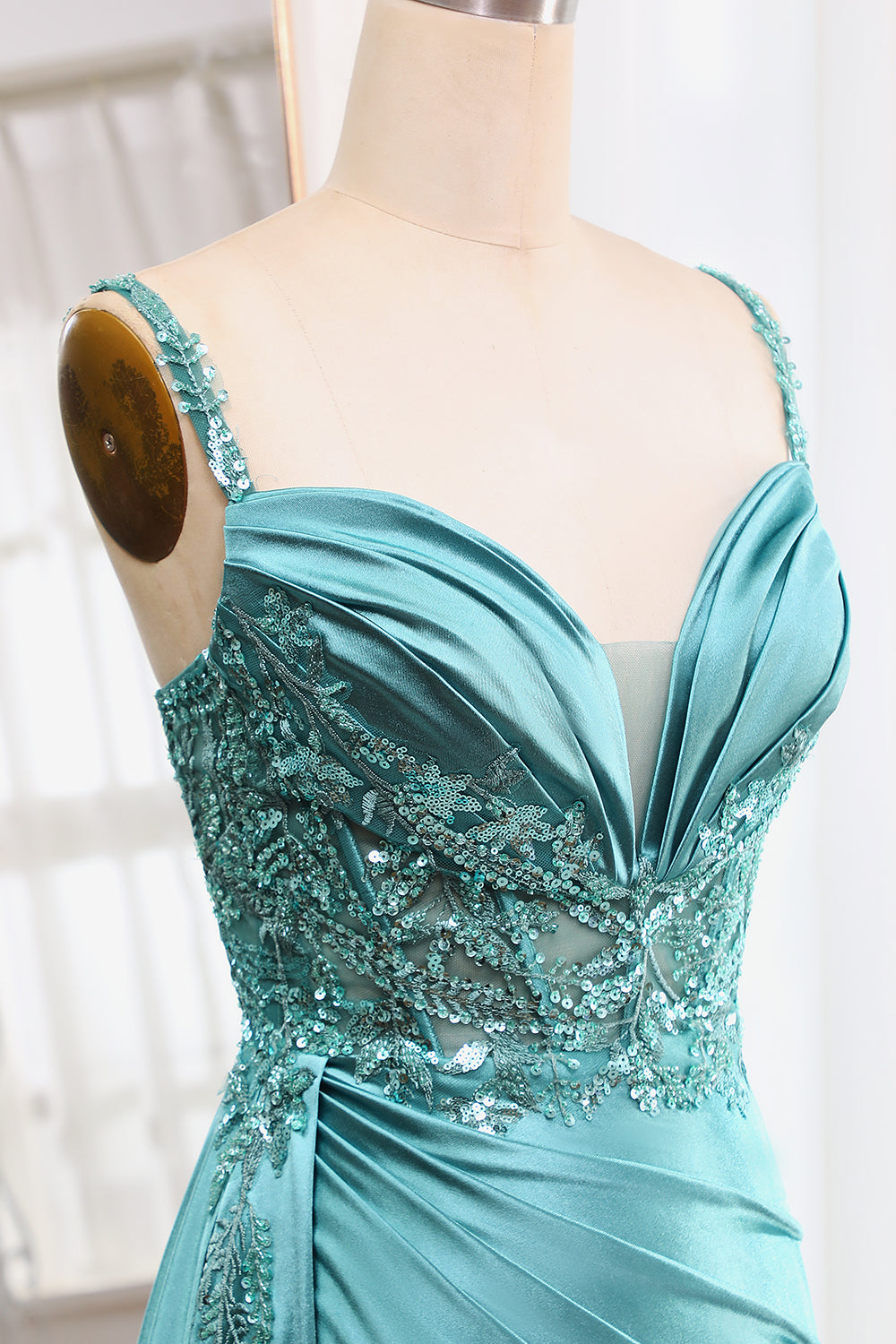Mermaid V-Neck Satin Long Appliques Sequin Blue Prom Dress With Slit Sexy Evening Dresses