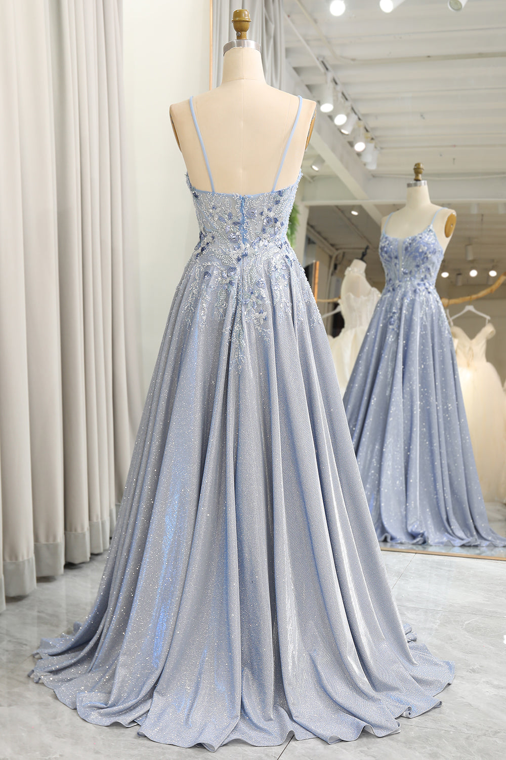 Glitter Grey Blue A-Line Spaghetti Straps Long Prom Dress With Appliques Sparkly Evening Dresses