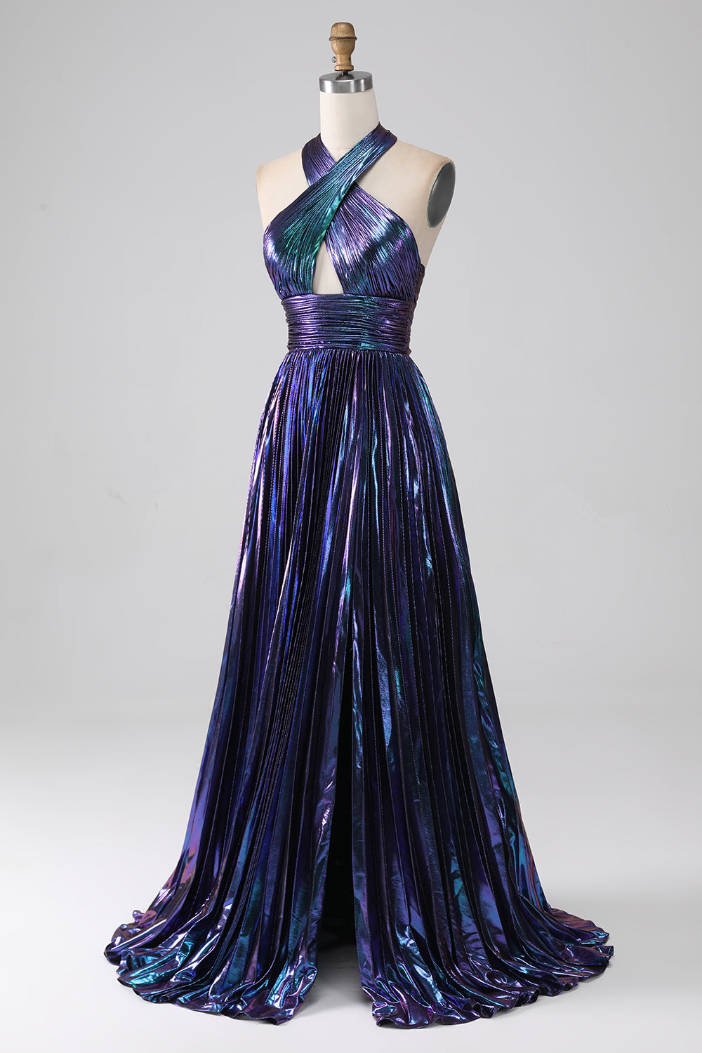 Sparkly Purple A-Line Halter Pleated Prom Dress with Slit Sexy Evening Dresses