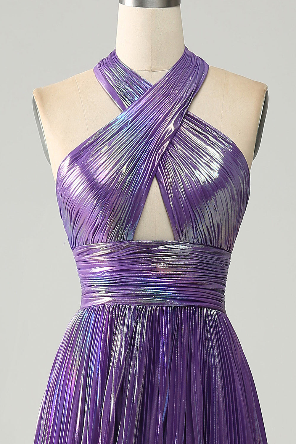 Sparkly Purple A-Line Halter Pleated Prom Dress with Slit Sexy Evening Dresses