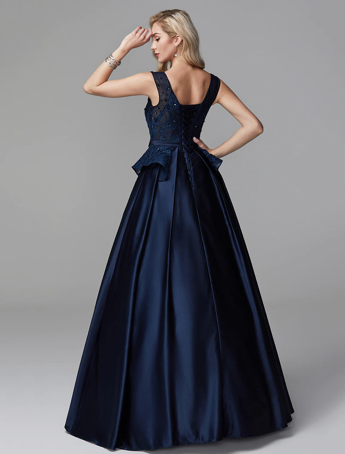 Ball Gown Peplum Quinceanera Formal Evening Dress V Neck Sleeveless Floor Length Lace with Bow(s)