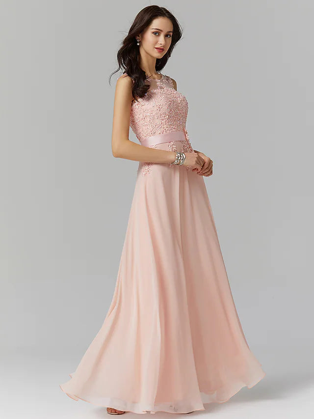 A-Line Evening Gown High Waisted Prom Dress Bridesmaid Wedding Guest Chiffon Floor Length Sleeveless Illusion Neck Georgette