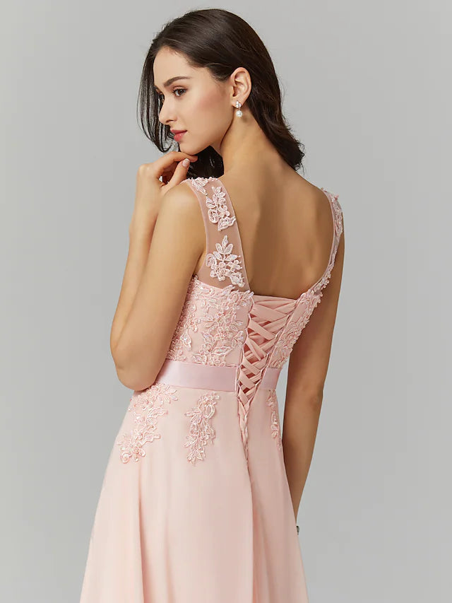 A-Line Evening Gown High Waisted Prom Dress Bridesmaid Wedding Guest Chiffon Floor Length Sleeveless Illusion Neck Georgette
